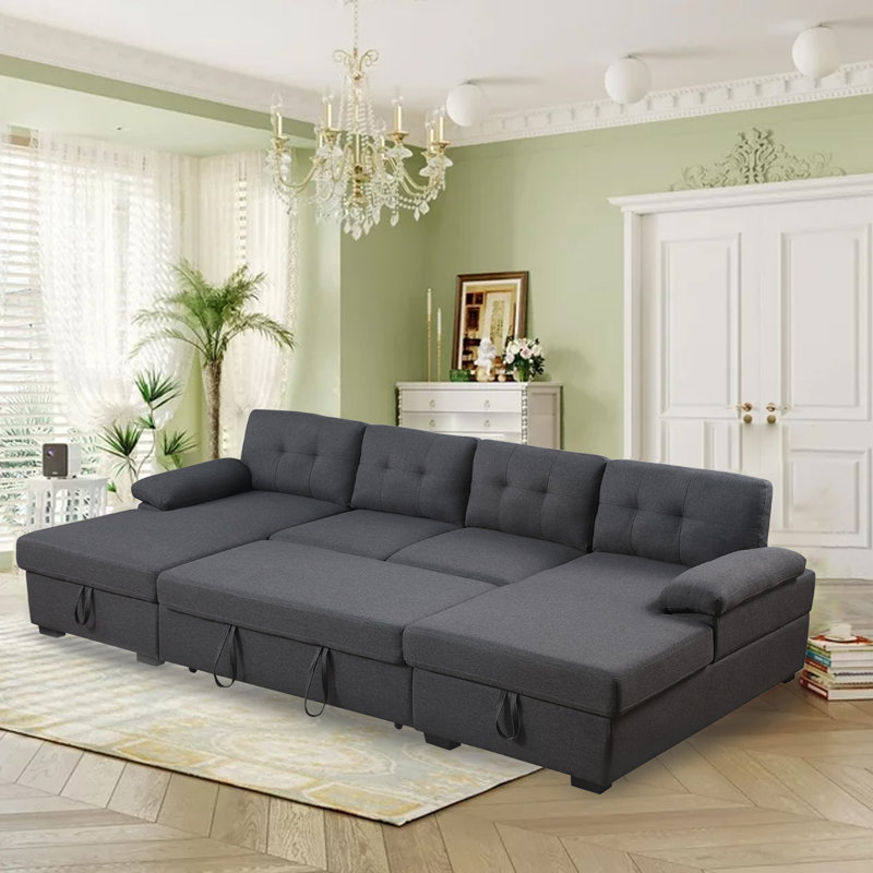 Latitude Run Upholstered Double Chaise Pull out Sleeper Sectional with Storage Reviews Wayfair